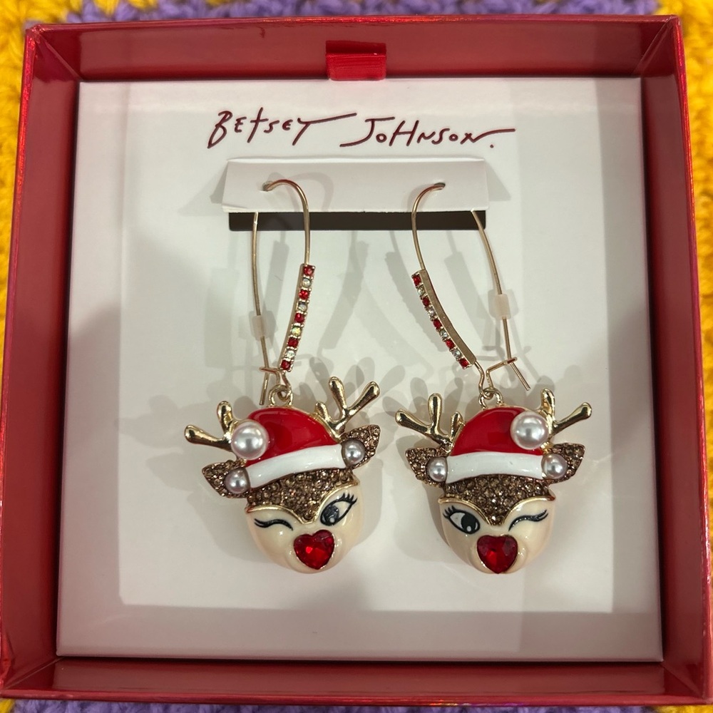 NIB Betsey Johnson Winking Reindeer Shepherd Hook Earrings